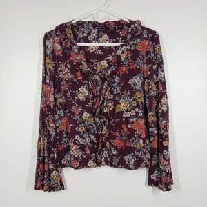 American Eagle Blouse Women Medium Burgundy Floral Viscose Bell Sleeve Boho
